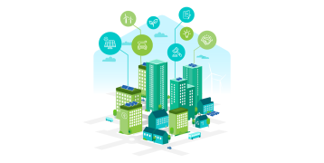 A city with buildings and icons related to climate-smart governance